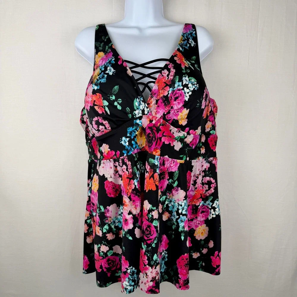 Torrid Floral Lattice V-Neck Tankini Swim Top Black Pink Plus Size 3 3X